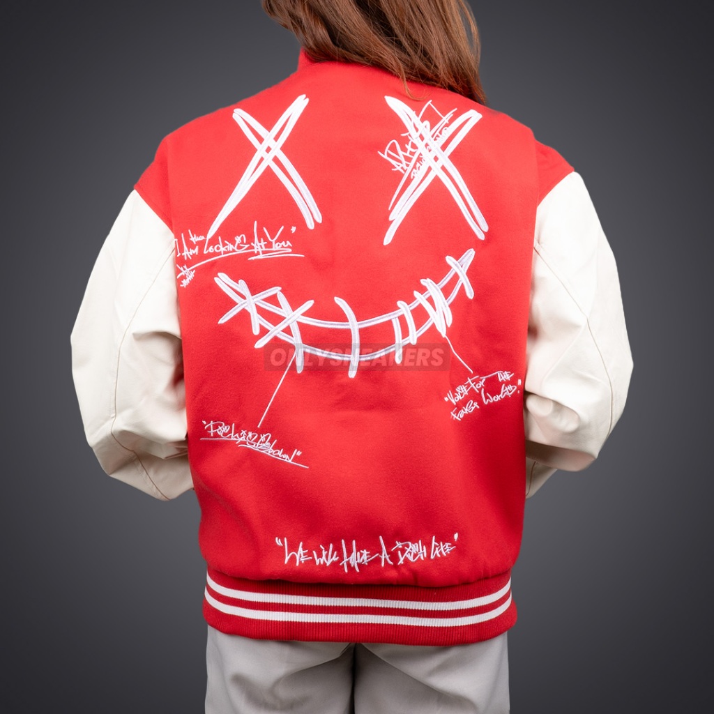 RICKY IS CLOWN DECONSTRUCTED VARSITY RED JACKET