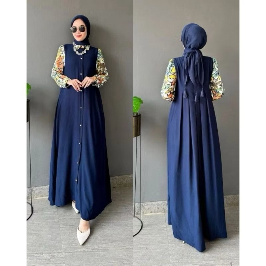 Dress Rayon Wanita Lengan Kombinasi Twill Terbaru Gamis Kombinasi Ld 110-115cm