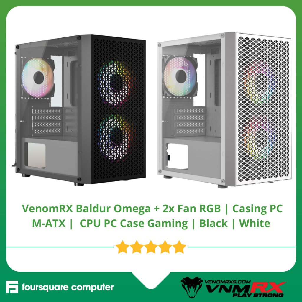 VenomRX Baldur Omega + 2x Fan RGB | Casing PC M-ATX |  CPU PC Case Gaming | Black | White
