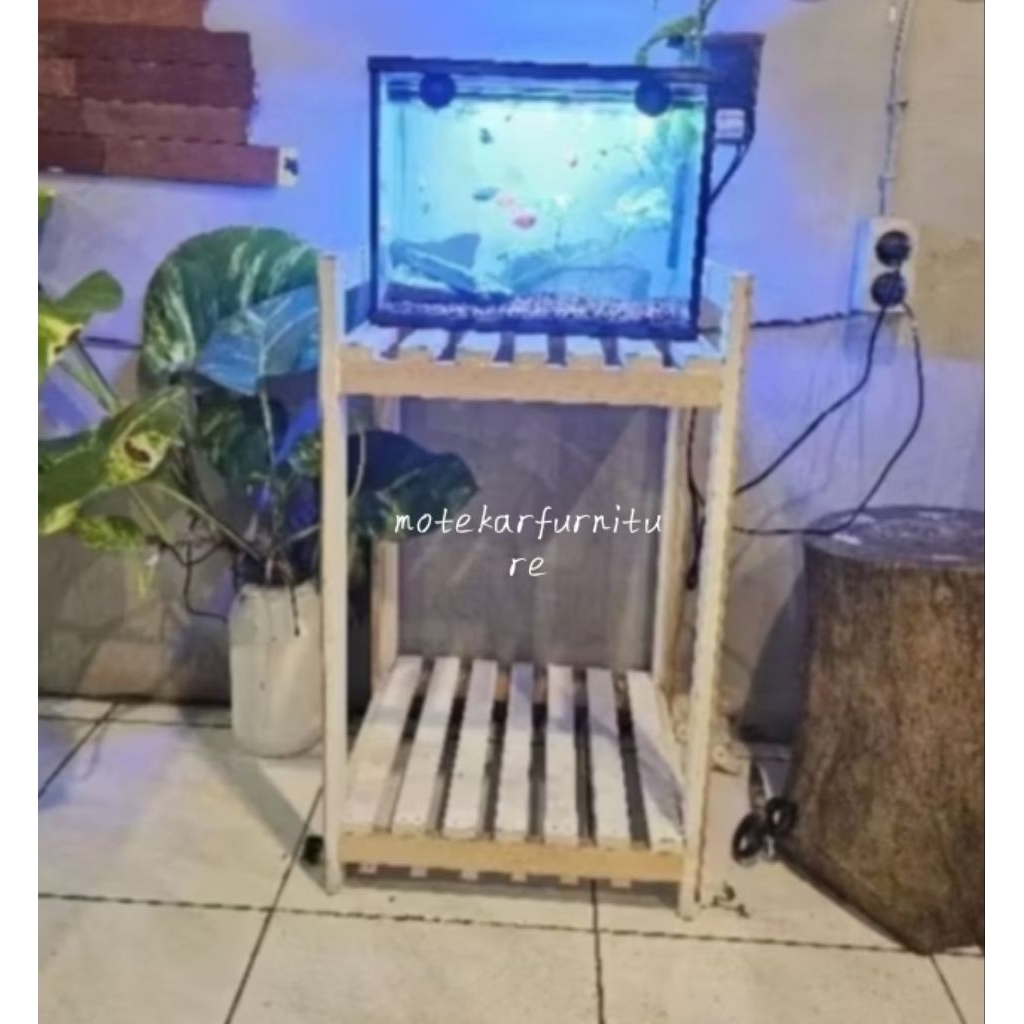 rak aquarium 2 tingkat rak kayu astetik rak asesoris minimalis