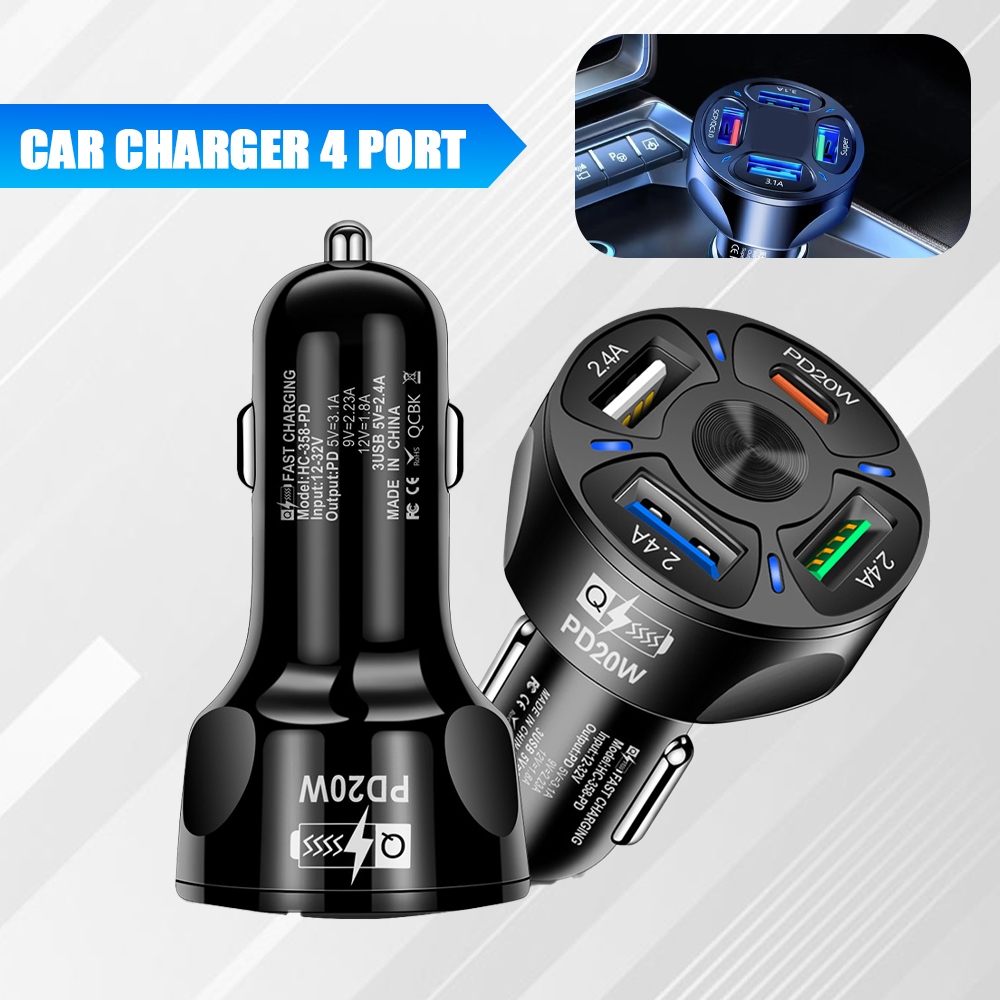 Charger Hp Mobil Car Charger 4 Port USB & Type C Fast Charging Cas HP Mobil Praktis Multifungsi