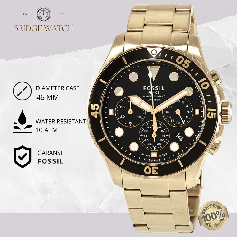 Jam Tangan Fossil Pria FS5727 FB-03 Black Dial Chronograph Gold Stainless Steel Strap Rantai Mewah S