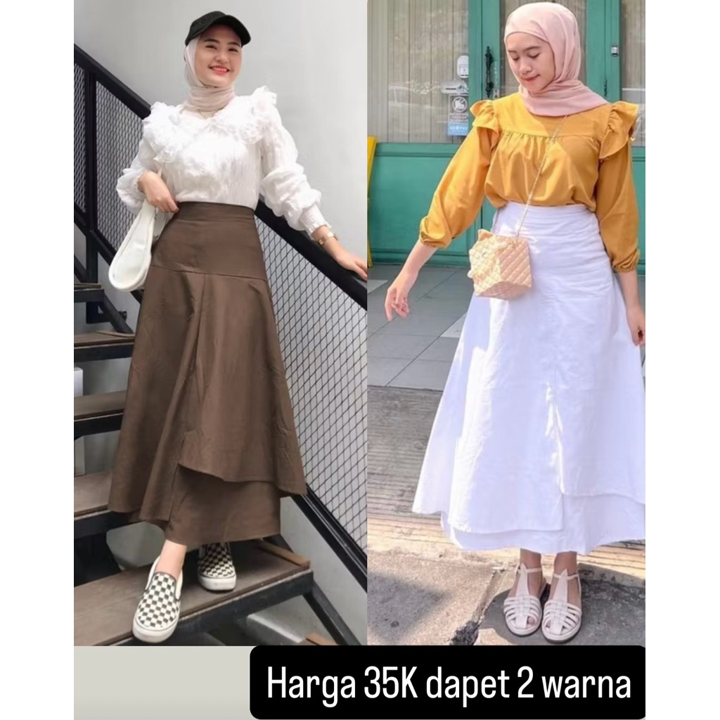 Rok Monalica 2 pcs putih & coklat Susun 2 Lapis Katun Twistcone Rok linen rok panjang rok unik