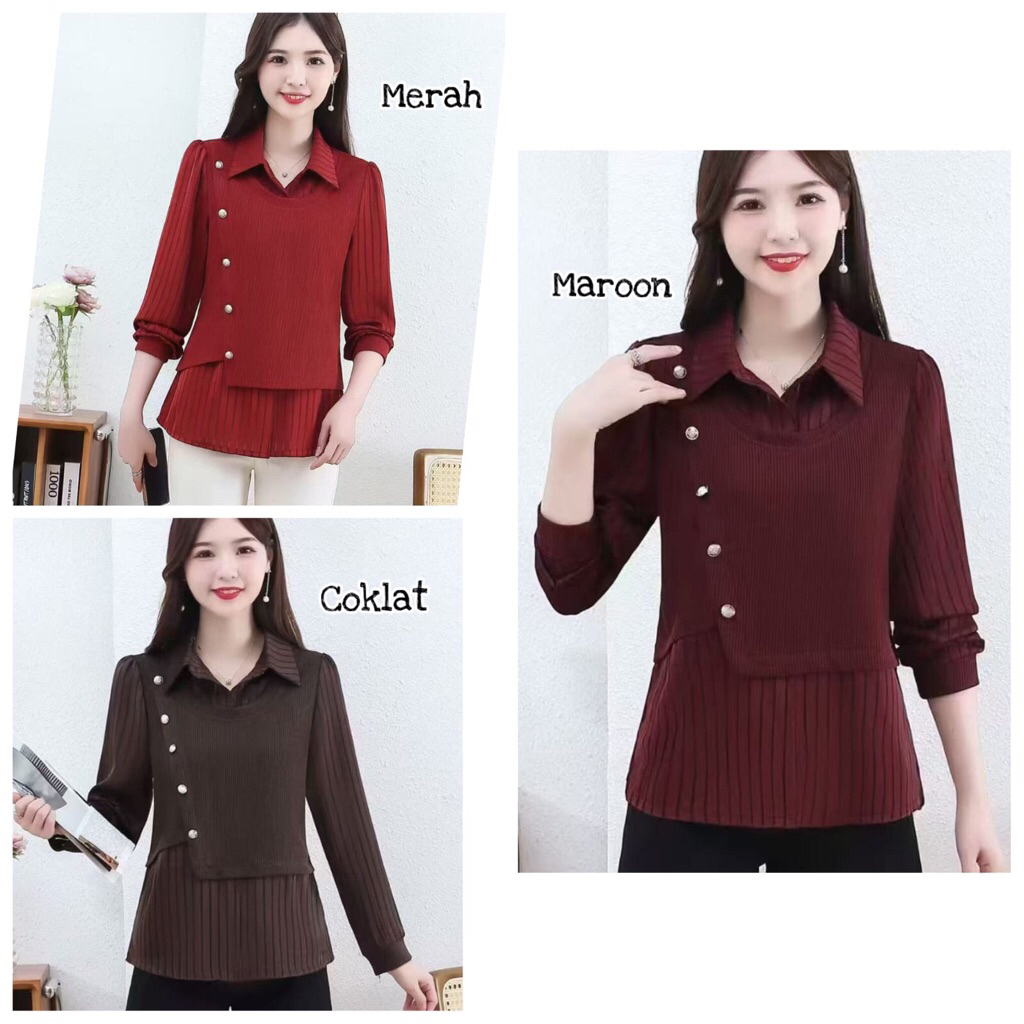 BILLENSHOP - KAOS IMPORT WANITA LENGAN PANJANG MODEL KEMEJA MIX ROMPI SEMI RAJUT