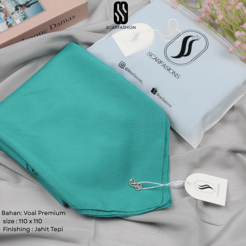 Hijab segi empat Voal premium polos METAL LOGO by SCARFASIONS -jahit tepi 110x110(biru pkk-tosca pkk