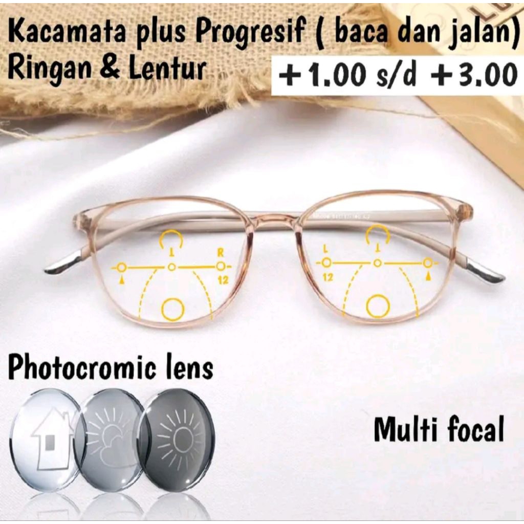 Kacamata Baca Plus Progresif | Baca Dan Jalan | Lensa Photocromic | Frame 5004 Lentur |  Kacamata Wa