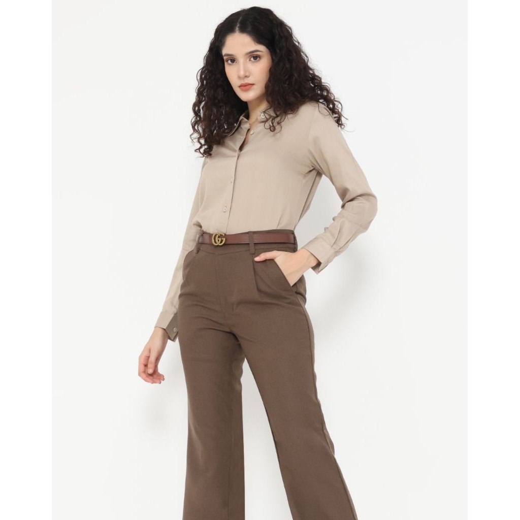 Celana Kerja Wanita Cotton Wool, Warna Coklat