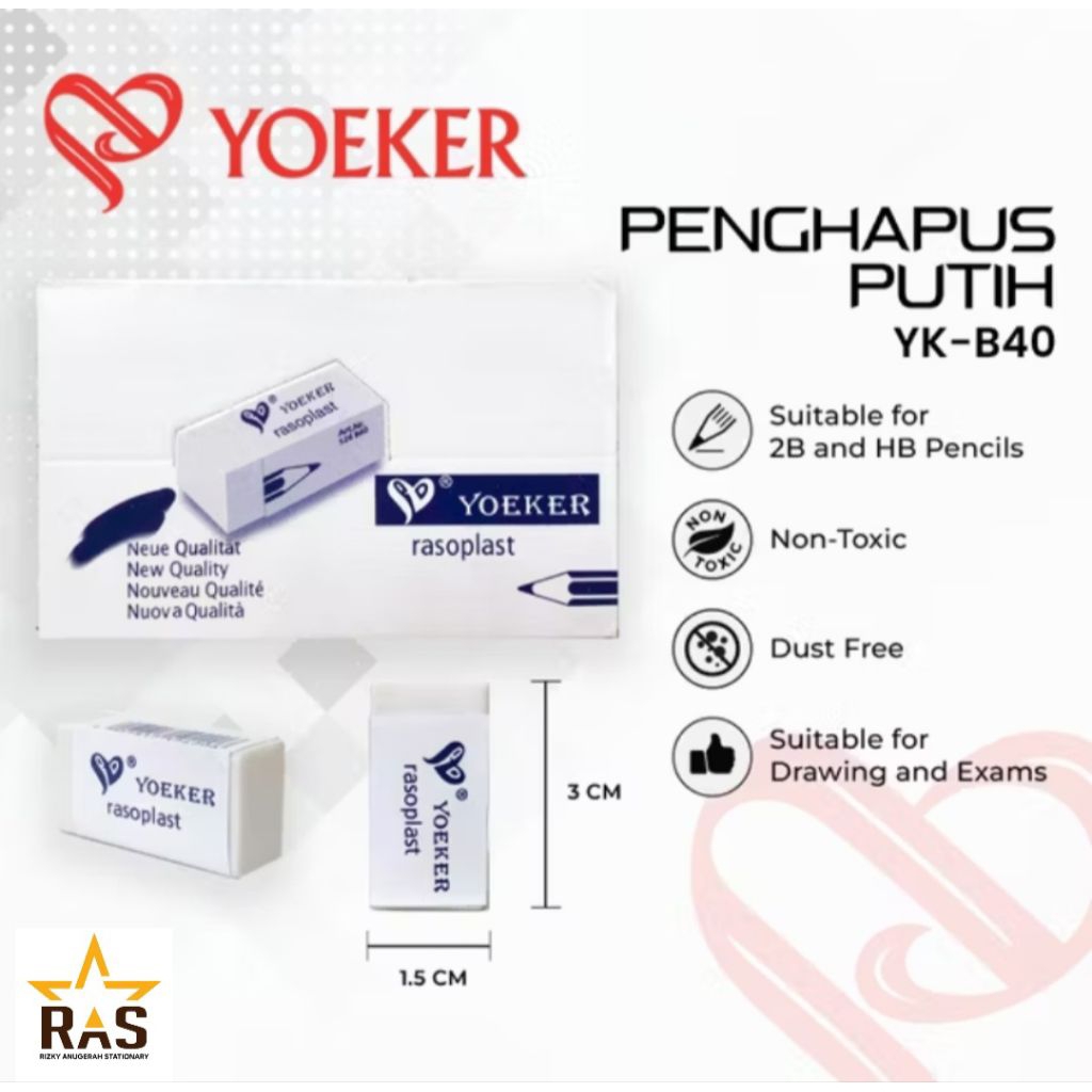 ( 1pack 40pcs ) Penghapus Eraser Yoeker  Putih - Hitam