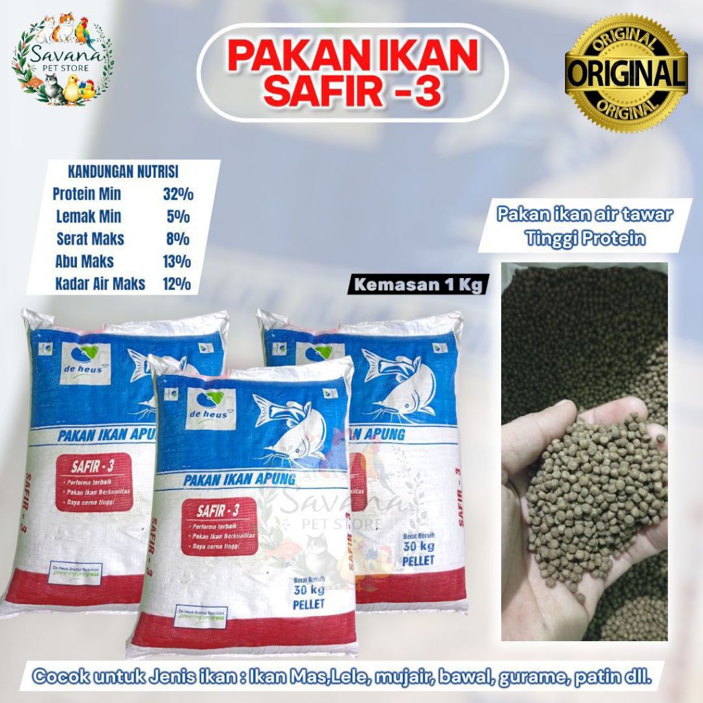 PELET IKAN SAFIR -3 / SAFIR MIN 3 PAKAN IKAN APUNG 1 Kg Repack