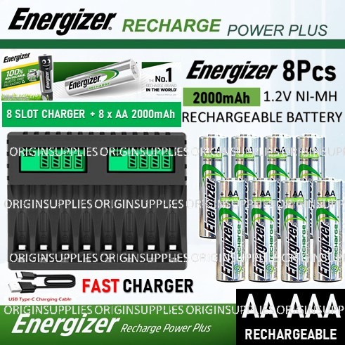 Charger 8 Slot Aa / Aaa Cas Baterai + 4Pcs Aaa 700Mah/Aa 2 Mah Energizer Recharge 700 Mah 2 Mah