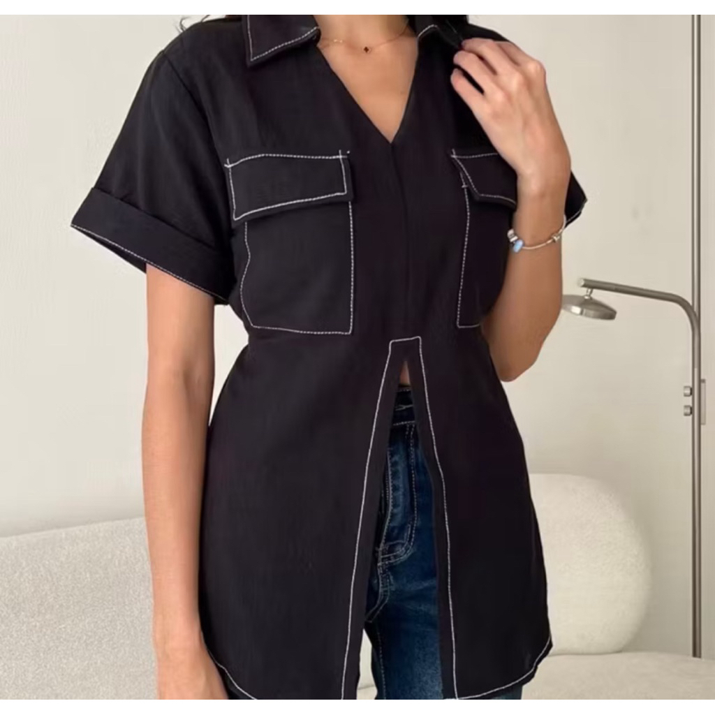 Vivi Slit Shirt Wanita Linen-Atasan Wanita Kekinian- Kemeja Wanita