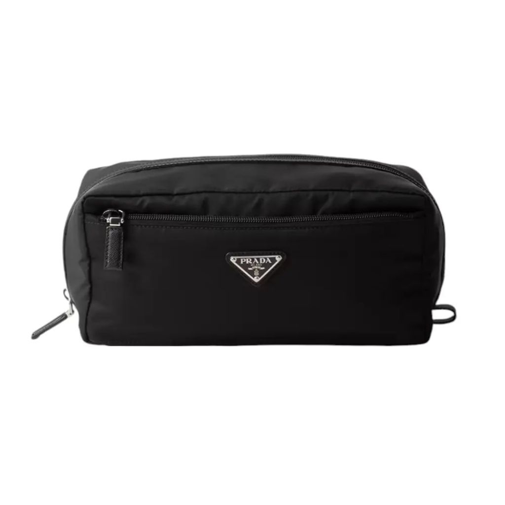 Prada Triangle Logo Re-Nylon and Saffiano Leather Travel Pouch Black Men