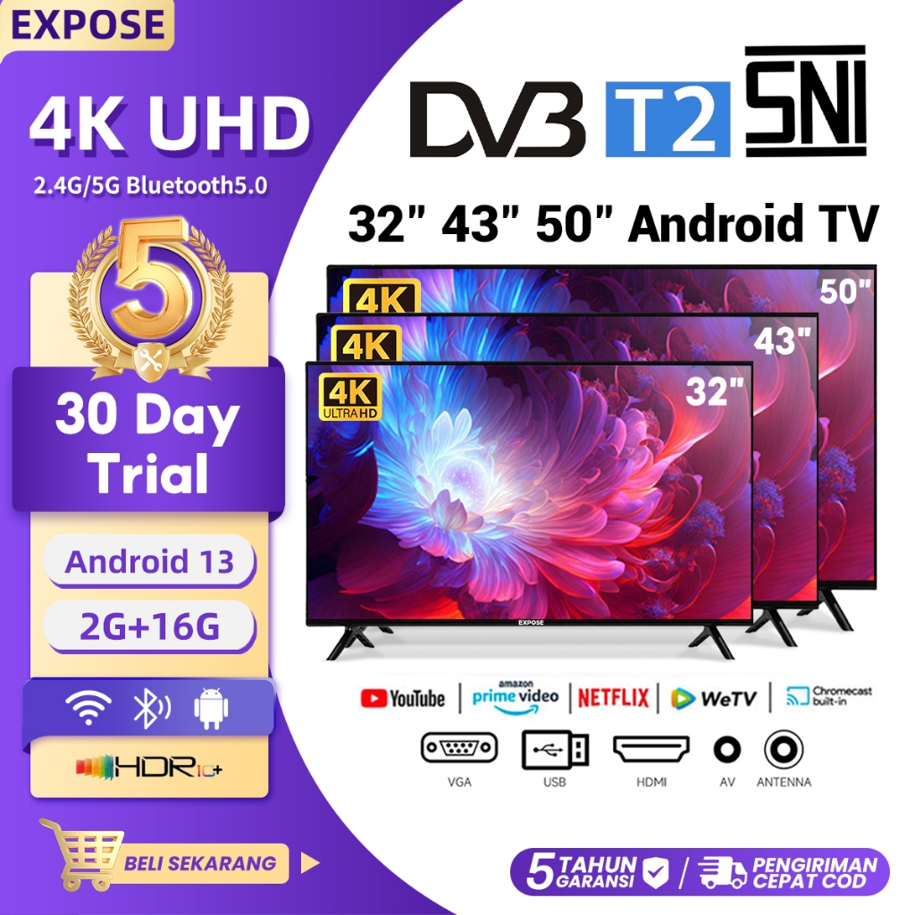 TV android 43 inch bluetooth 4K smart tv 43 inch Youtube/Google/Netflix/WIFI/HDR/UHD 5 Tahun Garansi