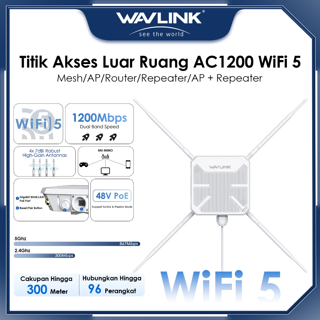 WAVLINK AC1200 Outdoor Access Point | WiFi 5 Dual Band 2.4G+5G | Mode AP/Repeater/Mesh | Penguat Sin