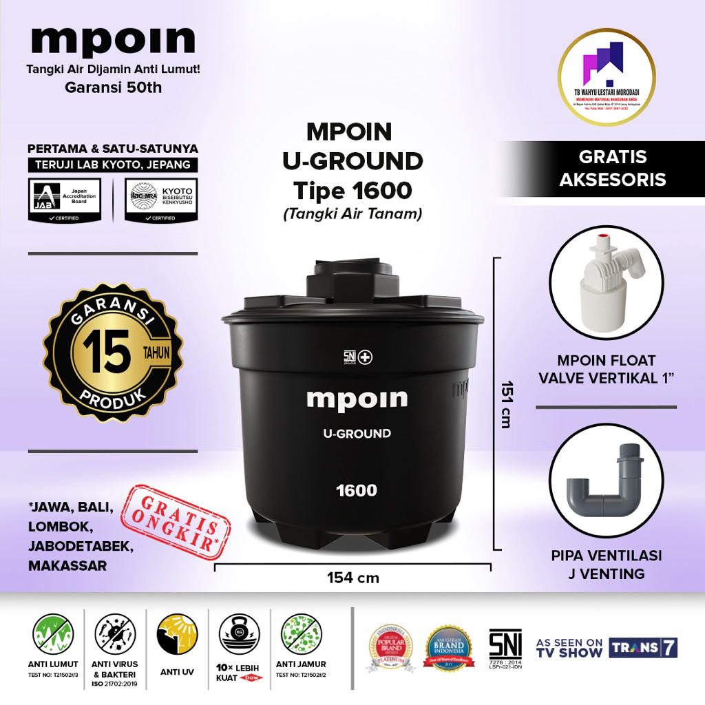 Tangki Air MPOIN PLUS U-GROUND 1600 L SNI TANGKI AIR TANDON AIR TOREN ANTI LUMUT GARANSI 3 tahun