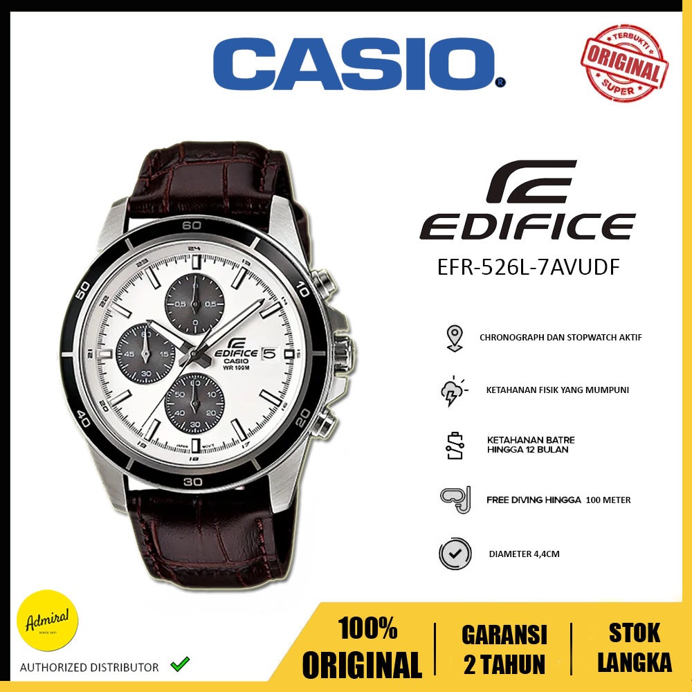 Jam Tangan Pria Casio Edifice EFR-526L-7AVUDF Chronograph Panda Men White Dial Brown Leather Strap