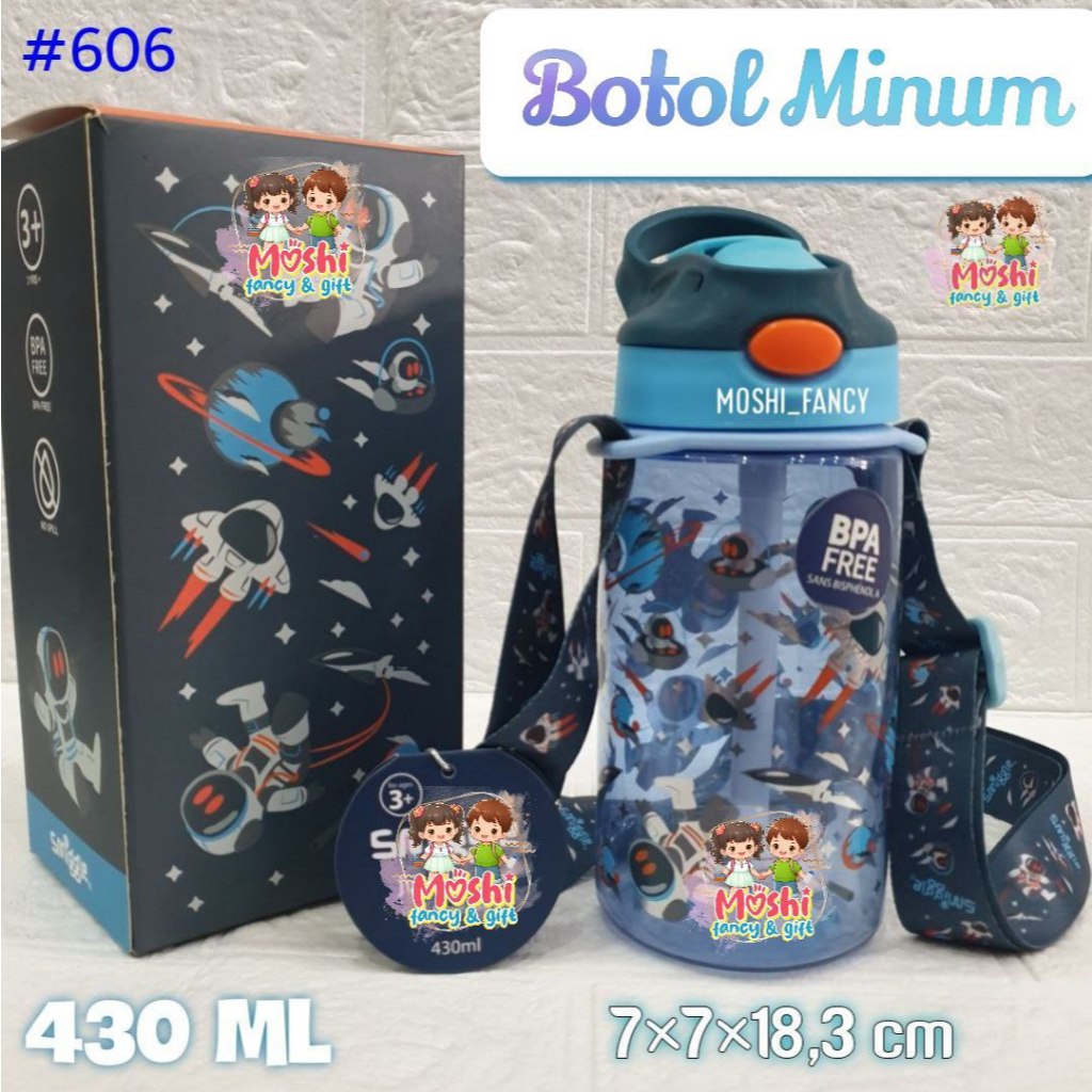 Botol Minum 430 ml dan Tali Panjang motif Astronot/ Tempat Minum Motif Roket / Botol Minum Tali Anak