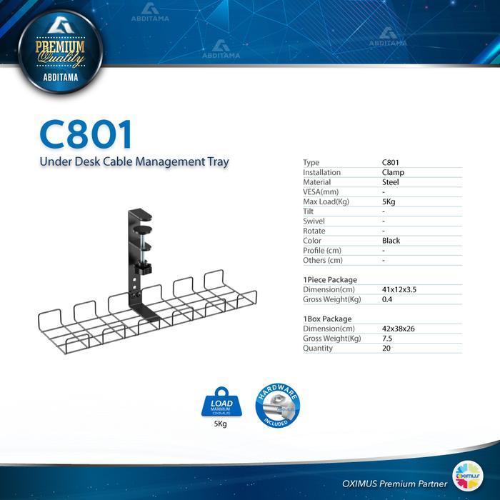Oximus C801 Compact Clamp-On Under-Desk Cable Management Tray – Rak Kabel Meja Jepit Tanpa Bor, Pema