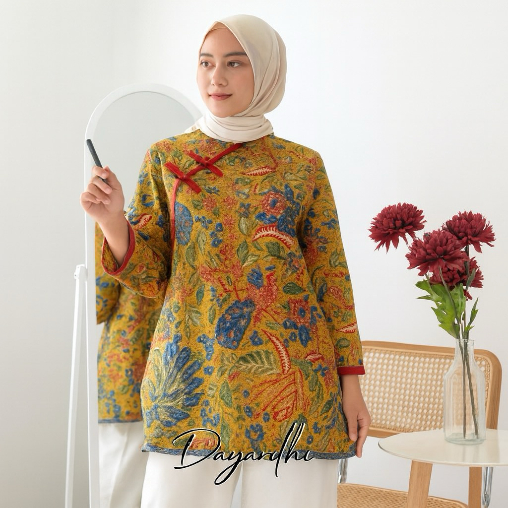 Batik Wanita Kuning Blouse Batik Wanita Motif Tiga Negeri Warna Kuning Model Cheongsam Modern Lengan