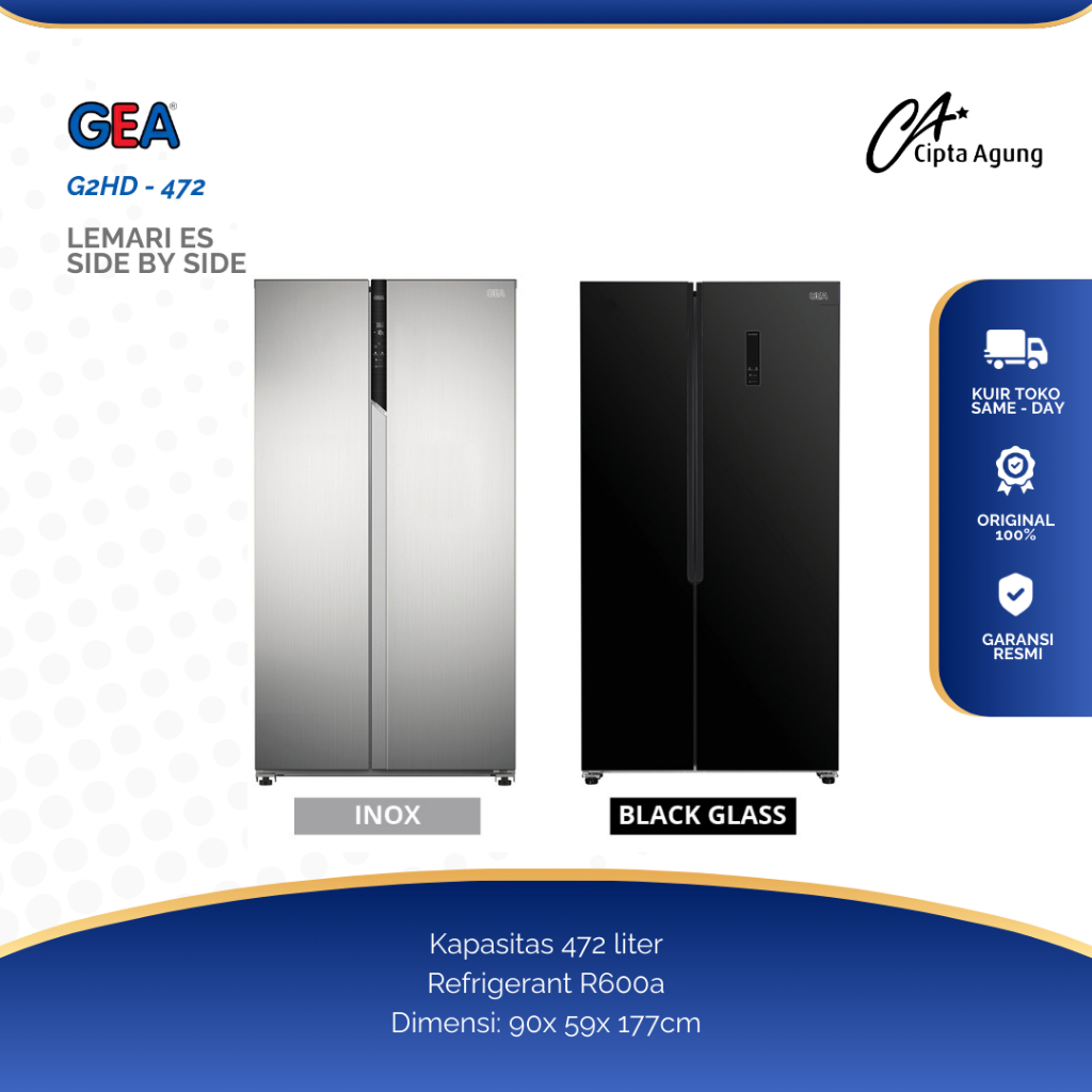 GEA SIDE BY SIDE GEA G2D 472 G2D-472 BLACK INOX GLASS 472 L  2 PINTU MODEREN SIMPLE SILVER INOX BLAC