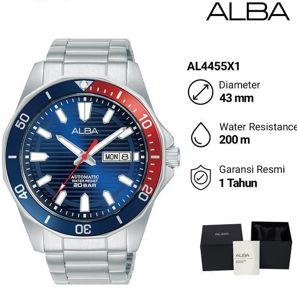 Jam Tangan Pria Alba AL4455X1 Automatic Diver Blue Pattern Dial Blue Red Bezel Stainless Steel Strap
