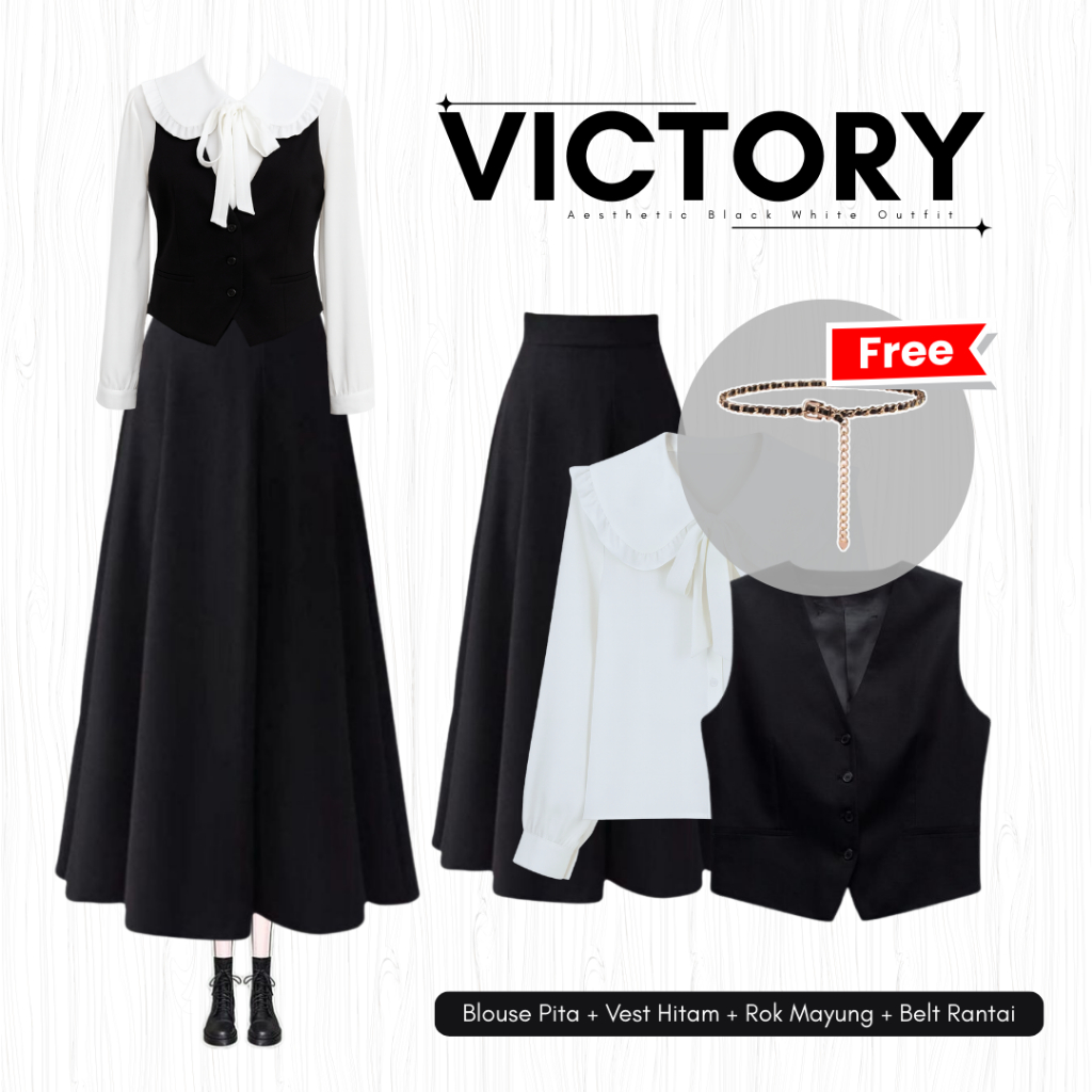 [Hijab Frendly] VIctory Dark Academia | Set Blouse Pita + Vest Katun + Rok Joda + Belt | Chiky079