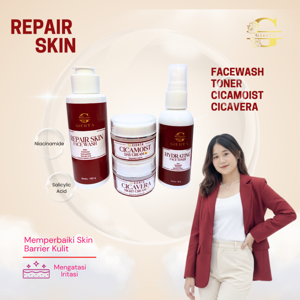 GIERTA Paket Repair Skin Facewash, Toner, CicaMoist Day Cream dan CicaVera Night Cream / Skincare Me