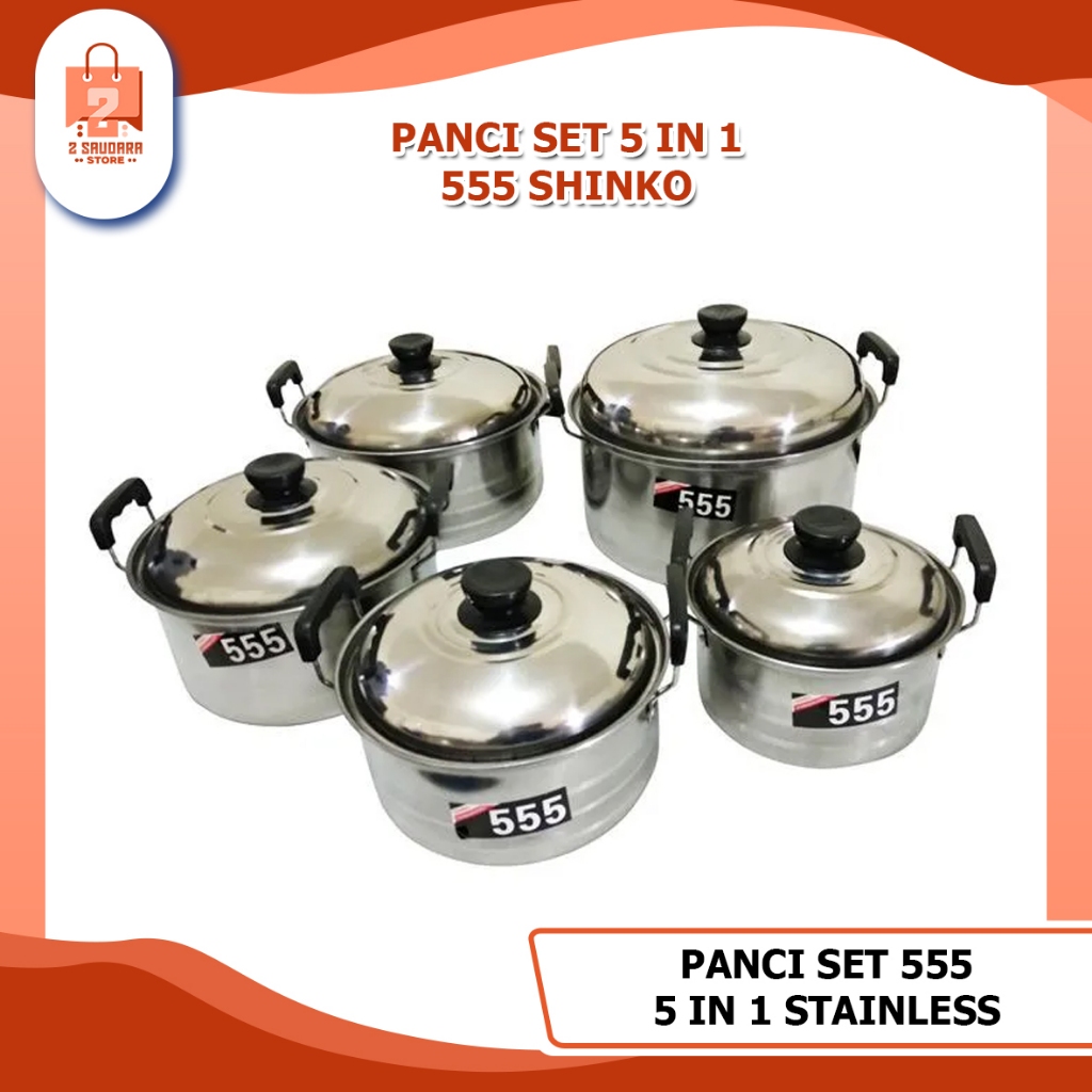 Panci Set 5 Ukuran 555 SHINKO - Panci Tinggi Stainless Steel Multifungsi Harga Ekonomis