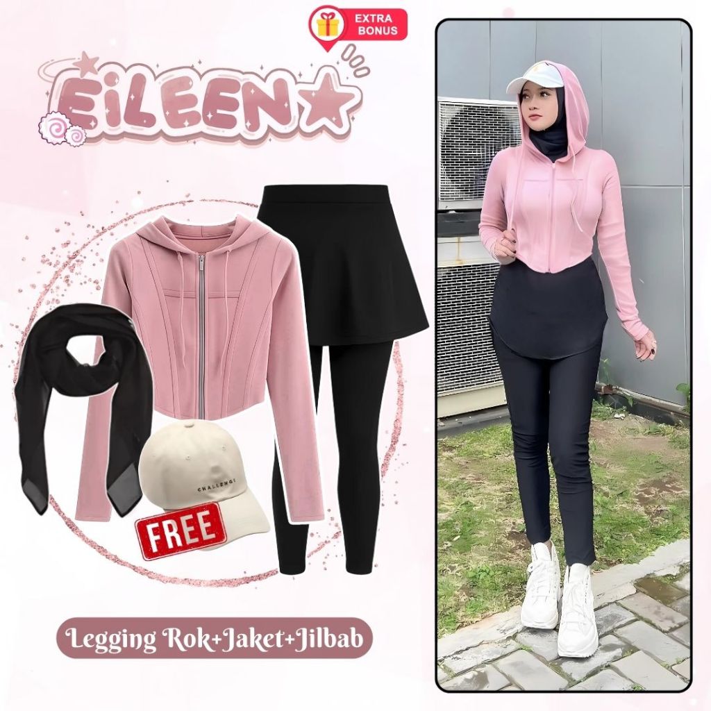 One set 4in1 legging rok jaket hoodie crop topi jilbab bella square | ootd outfit oneset setelan wan