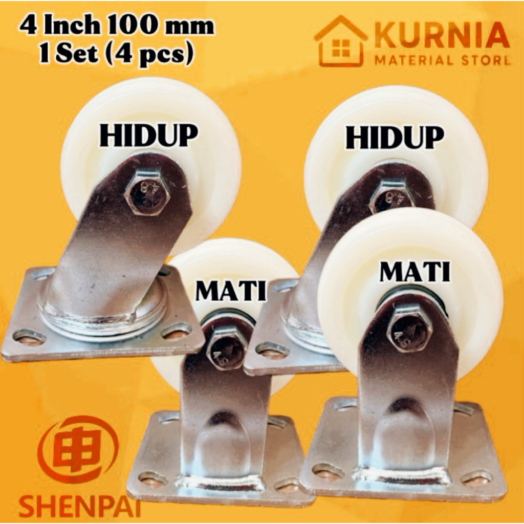 (4PCS) Roda Troli 4 inch 100 mm Nylon Heavy Duty (2 Hidup + 2 Mati)