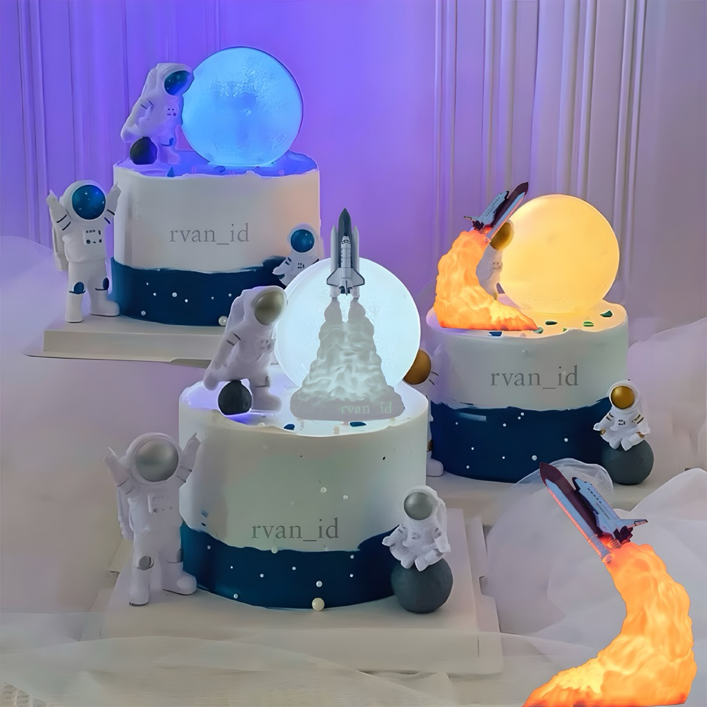 LENGKAP Set Topper ASTRONOT dan Lampu Bulan Astronot - Topper Kue Astronot - Cake Topper Birthday