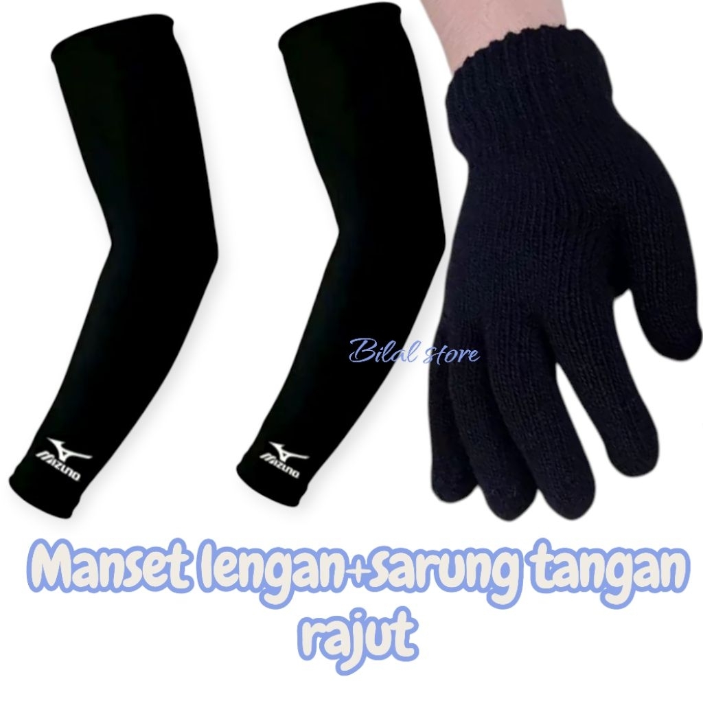 MANSET LENGAN MIZUNO + SARUNG TANGAN RAJUT FULL JARI/PAKET HEMAT MANSET  DAN SARUNG TANGAN HITAM DEW