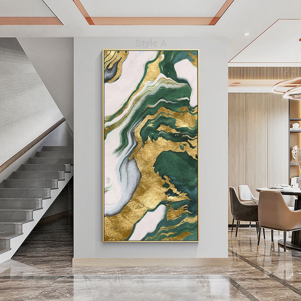 Lukisan abstrak gold & green tekstur timbul.