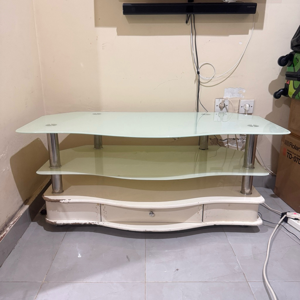 COD BALI INFORMA MEJA TV KACA TEBAL MEWAH PUTIH WHITE SOFT ESTETIK AESTHETIC BESAR JUMBO BIG RUANG T