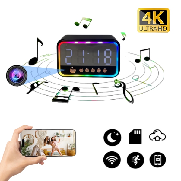 4K WiFi Alarm Jam Mata-mata Kamera Tersembunyi RGB Gaya Cermin Berwarna-warni, 5-in-1 Multifungsi Bl