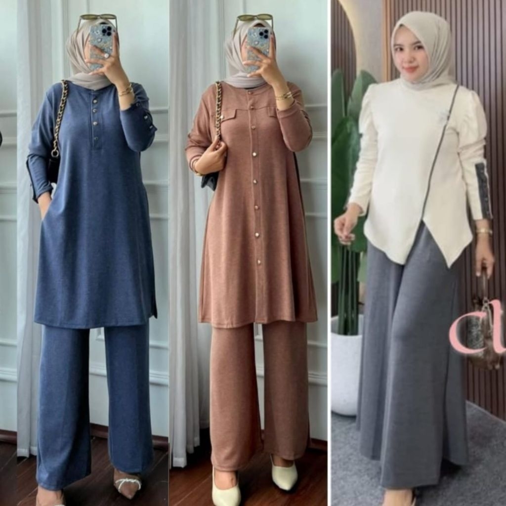 Clarke Setelan Knit Wanita Premium | Setelan Celana Kaos Murah Premium | One Set Polos Knit Kekinian