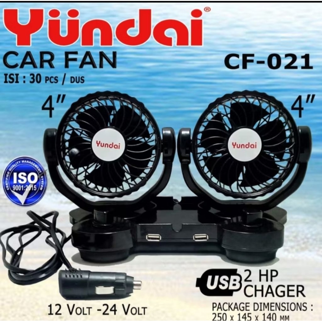 Yundai kipas angin mobil 2 kipas, 2 USB DC 12 volt-24 volt