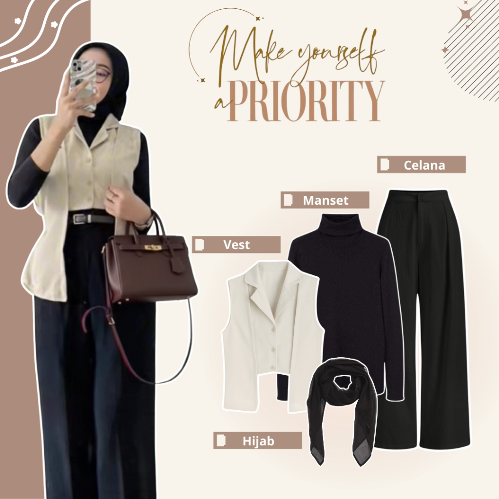 Outfit Kuliah Kerja 1 Set (Vest + Manset + Celana + Hijab) Setelan Wanita / Ootd Cewek - LN197
