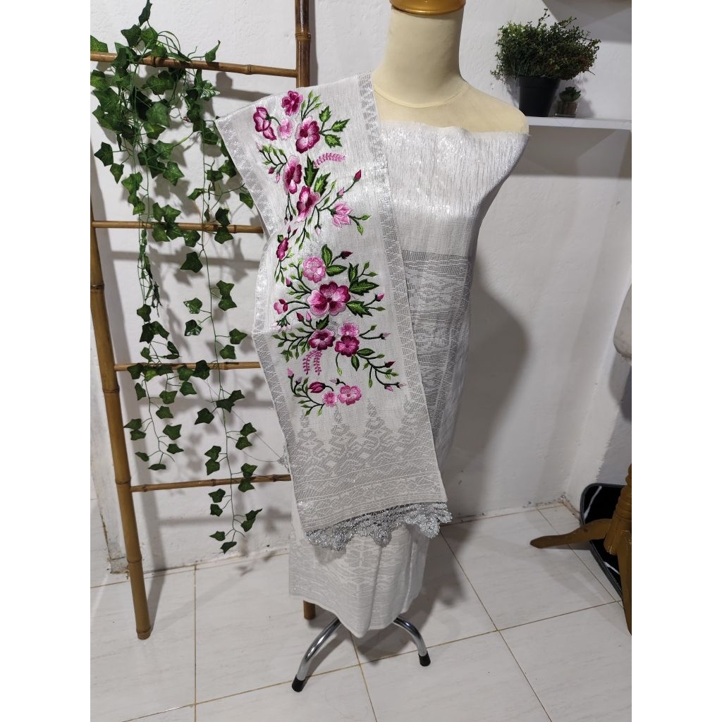 Songket silungkang selendang sulam warna bw silver, songket padang
