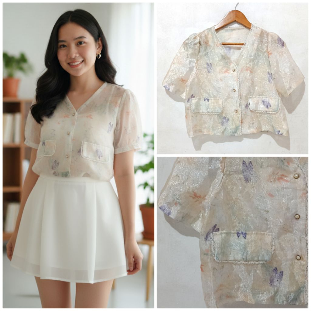 BLOUSE CARDIGAN OUTER ORGANZA MOTIF KUPU KUPU