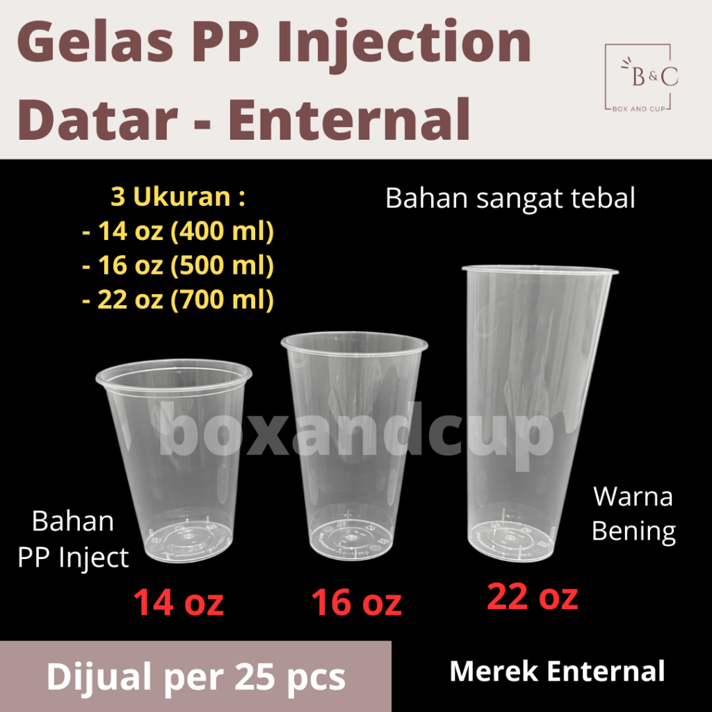 Gelas Cup PP Injection Plastik / Thinwall Datar Bening 14 oz, 16 oz, dan 22 oz Dengan Tutup Merek En