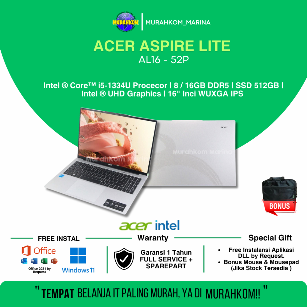 LAPTOP Acer Aspire Lite 16 i5 1334U RAM 16GB RAM SSD 512GB 16"Inci WUXGA IPS Display Windows 11 + Of