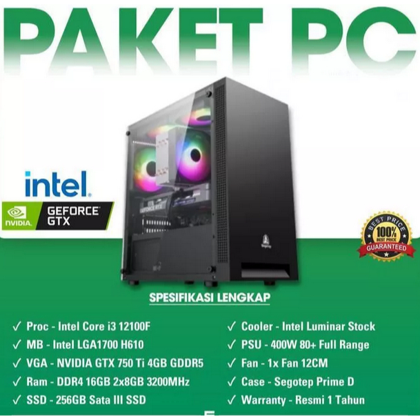 Pc Komputer Gaming | Intel Core i3 12100F GTX 750Ti 1050Ti 4GB RAM 16GB NVMe 512GB | CPU Rakitan