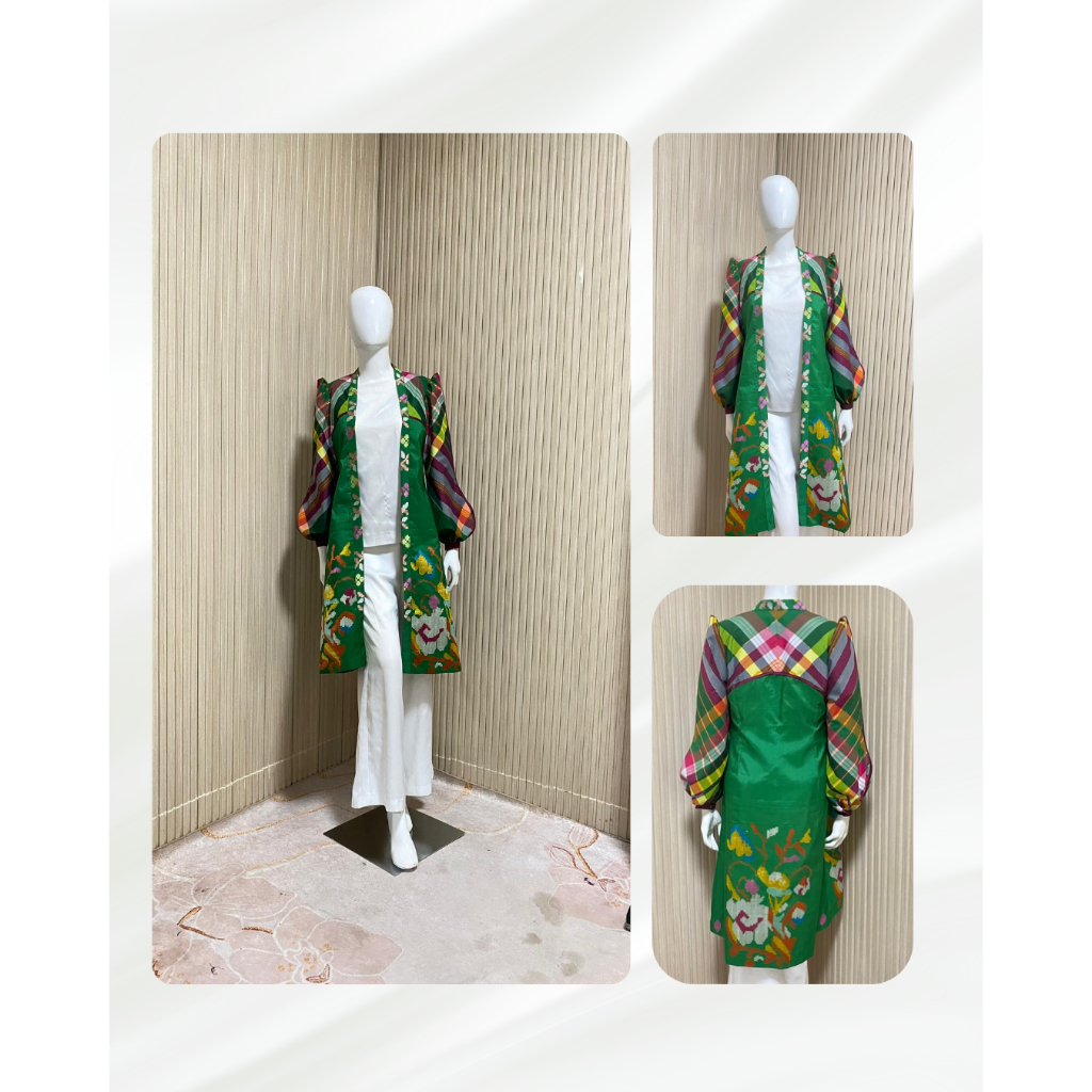 Outer Hijau Bordir Bunga – Long Cardigan Etnik Lengan Puff Motif Kotak Premium