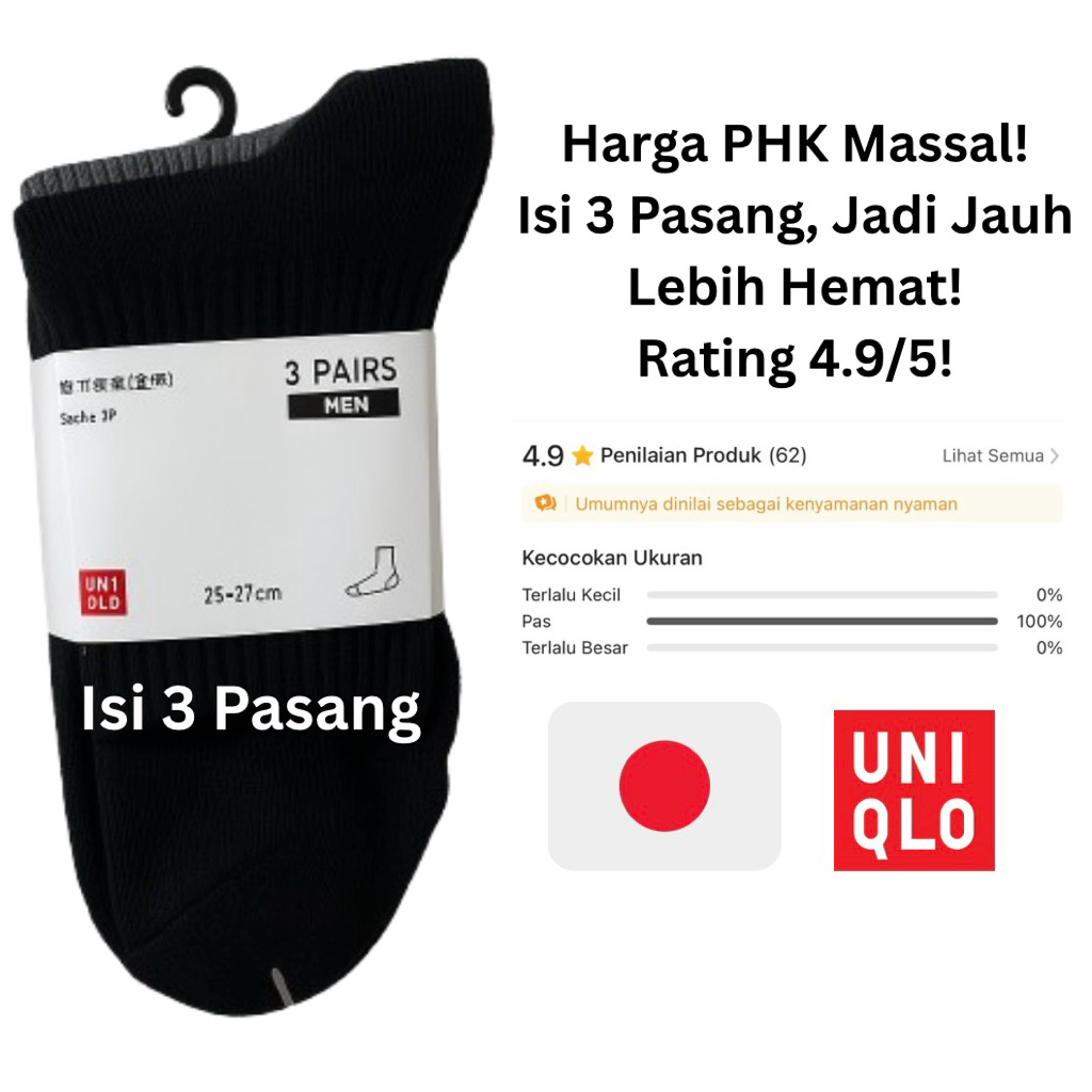Kaos Kaki Pria Uniqlo Original Import Jepang - Isi 3 Pasang