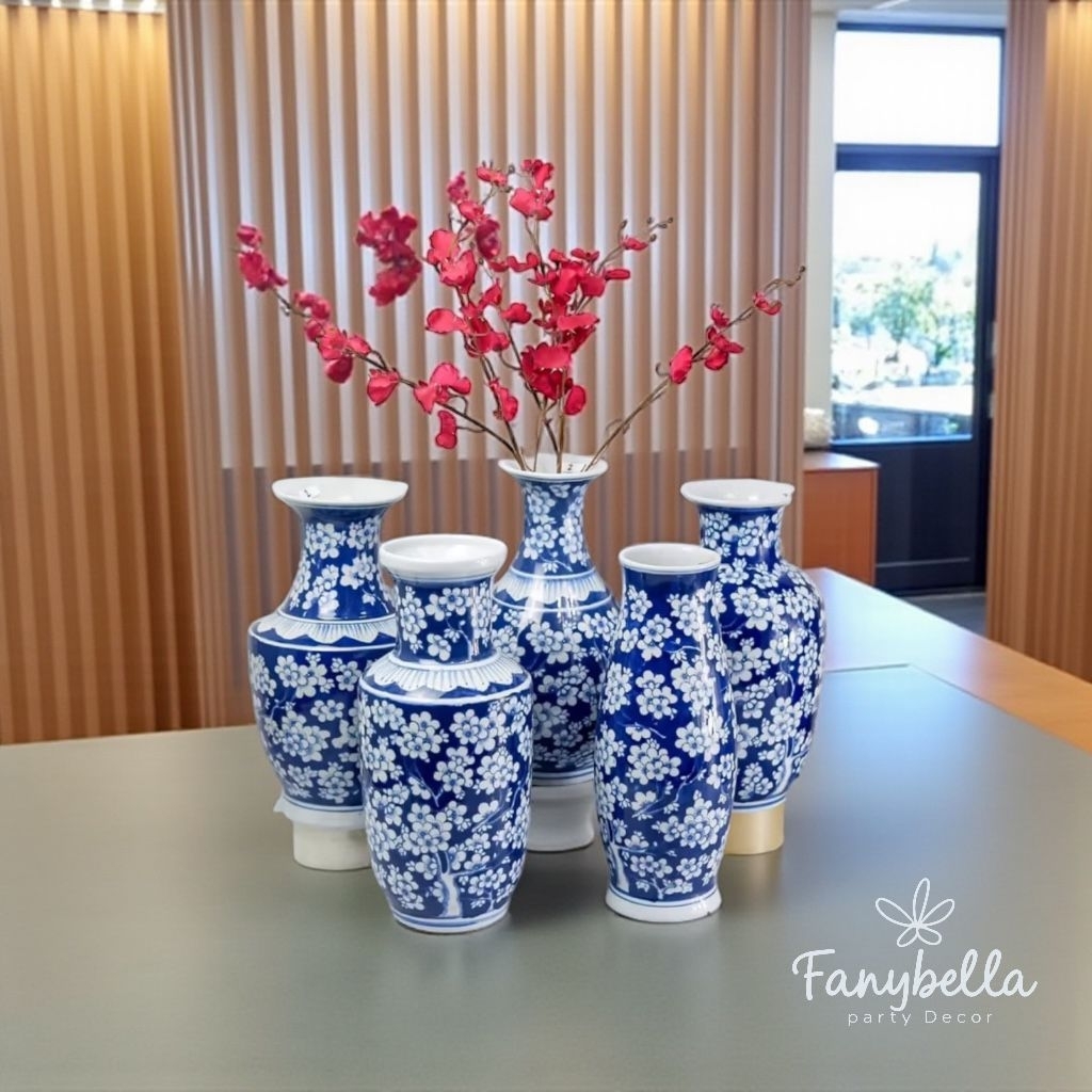 Vas Bunga Keramik Guci Mini Motif Bunga Biru Putih Ukuran 30 cm Aesthetic Dekorasi rumah Import