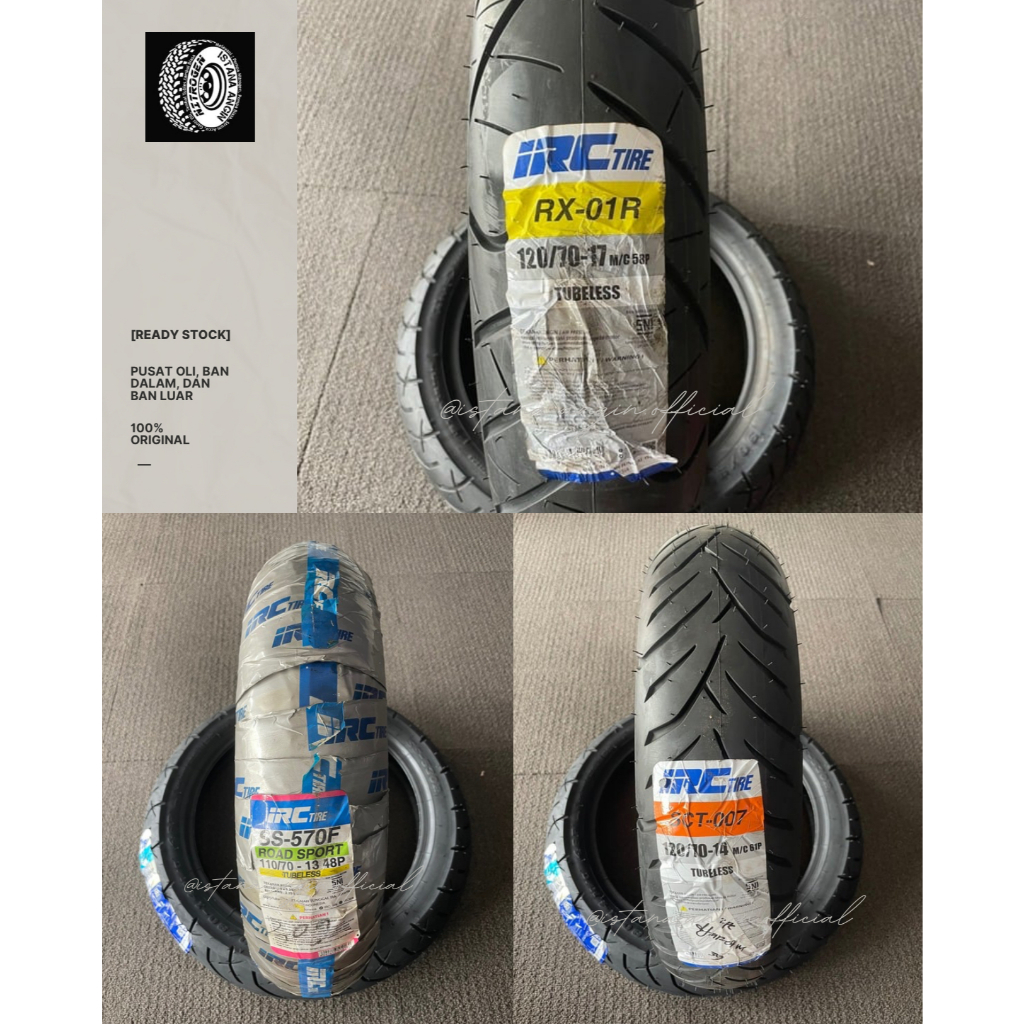 Ban Luar IRC (100/80-14 Tubeles), (100/80-17 Tubeless), (110/70-13 Tubeless), (IRC 110/70-13 Tubeles