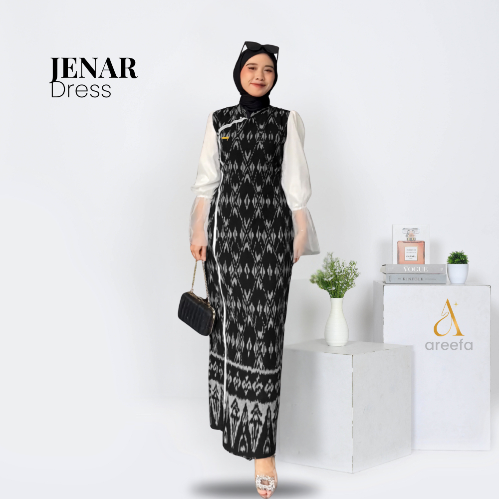 Areefa - JENAR Gamis Batik Tenun Etnik Kombinasi Satin Silk Tile Wanita Remaja Warna Hitam