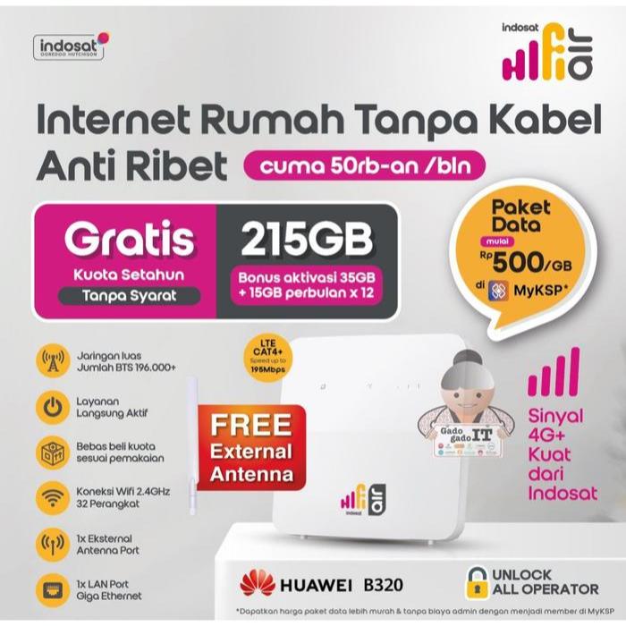 Huawei B320 Indosat Hifi Air Modem Wifi 4G CPE LTE Free 215GB 12 Bulan Unlock
