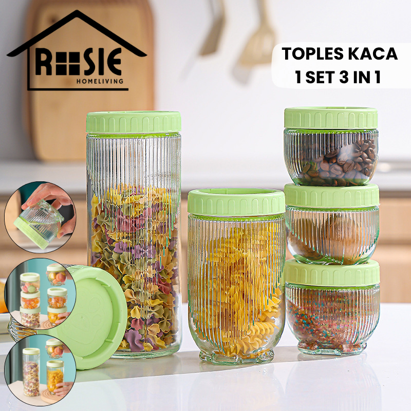 ROSIE Toples Kue Lebaran Kaca 1 Set 3in1 / Toples Kaca Gladies Hazel Bening Anti Tumpah 3 pcs / Set 